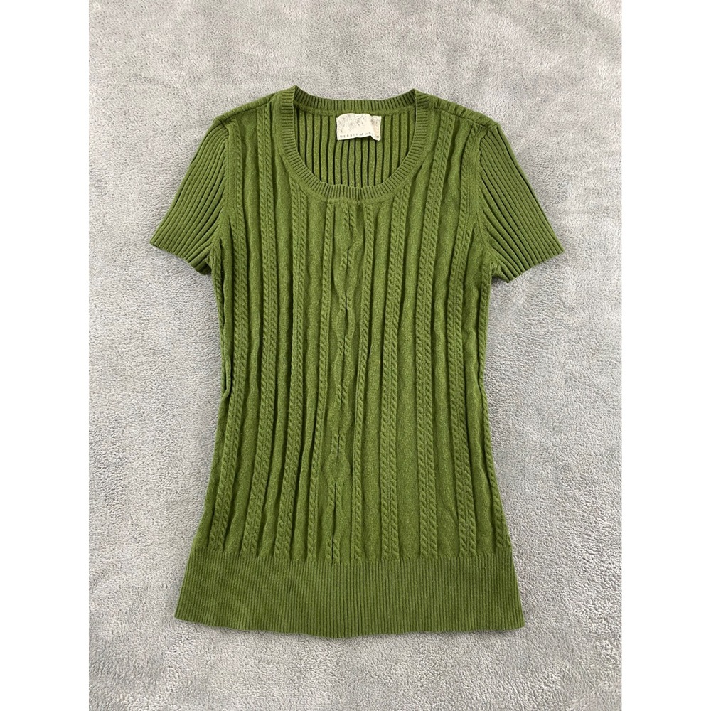 Debbie Morgan Womens Olive Green Cable Knit Ribbed Short Sleeve Scoop Neck Top